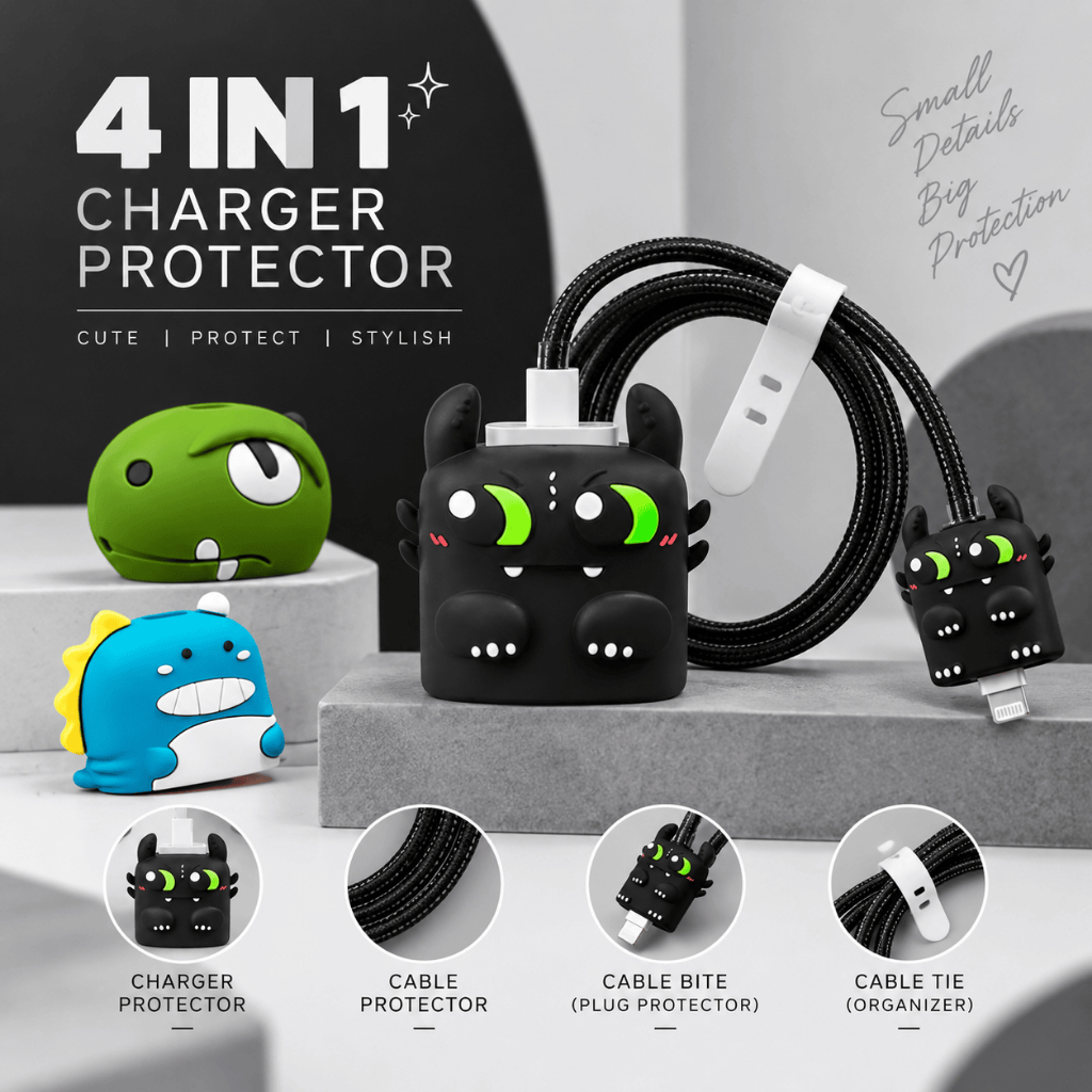 [4 in 1] Charger Head Protector Charger Cable Cover Adapter Charger Batok Full Set 4 in 1 for iPhone