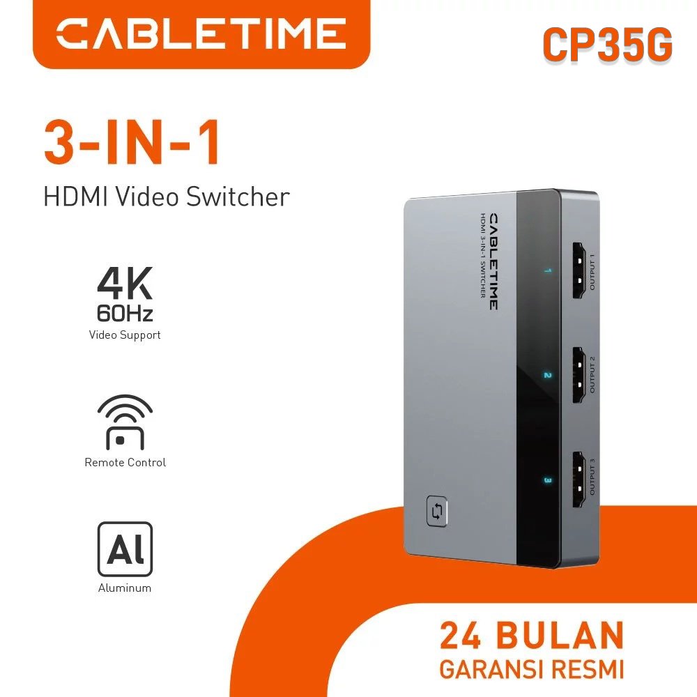 CABLETIME HDMI Switcher 3 In 1 Out 4K Series - HDMI Switch 3 พอร์ต (3in1out) 4K 60Hz -CP35G