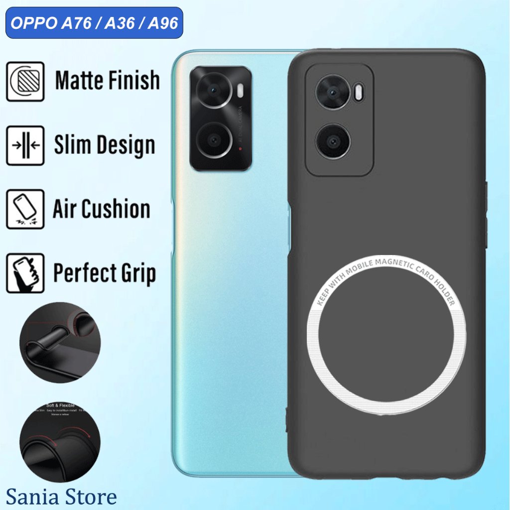 เคส OPPO A76 / A36 / A96 เคส Softcase สีดําด้านล่าสุดพร้อมวงแหวนแม่เหล็กสีขาว