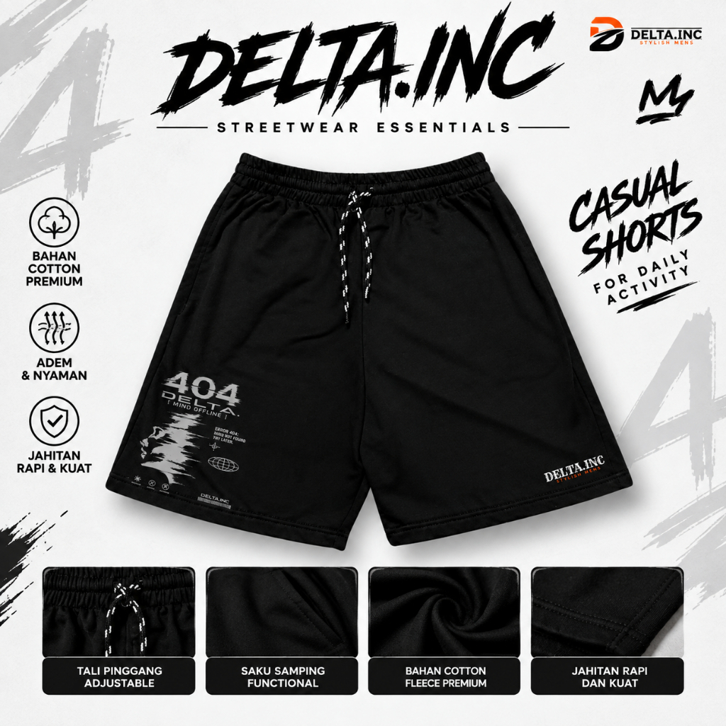 DELTA.INC Mens Boardshorts Casual Shorts 404 Premium Black Cotton Fleece Fabric