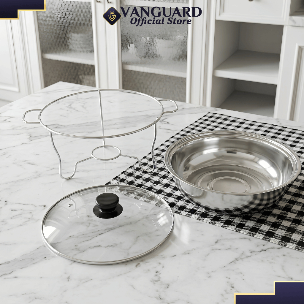 VANGUARD - ROUND BUFFET CONTENER WARMER STOVE 28CM STAINLESS BUFFET PLACE FULL GLASS LID KITCHEN UTE