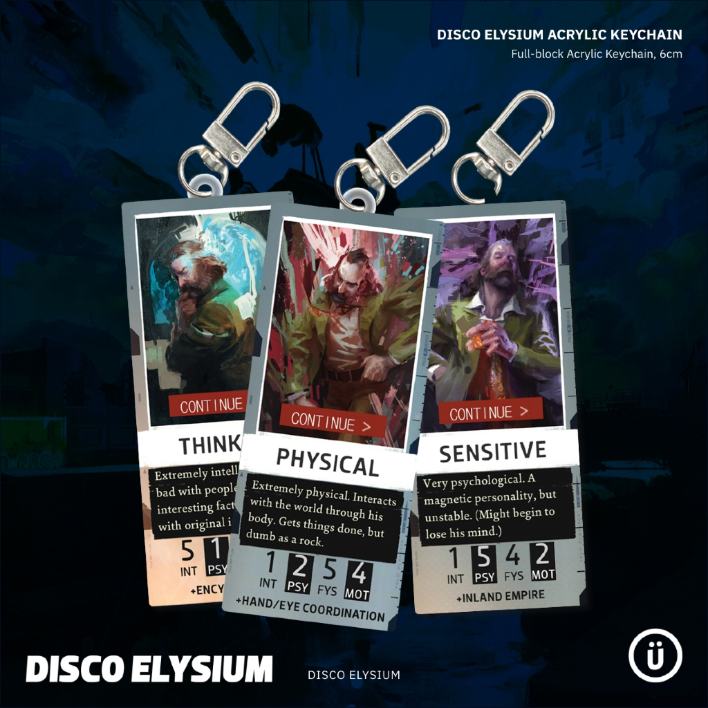 Disco Elysium - พวงกุญแจอะคริลิค Trait ตัวละคร - ผู้คิด ทางกายภาพ อ่อนไหว [Fanmade]