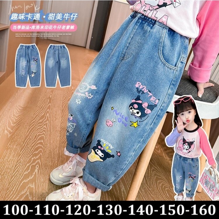 Barrel Jeans Long Pants Jean Jin Jeans for Girls Sanrio Kuromi original import 1-13 years Barrel poc