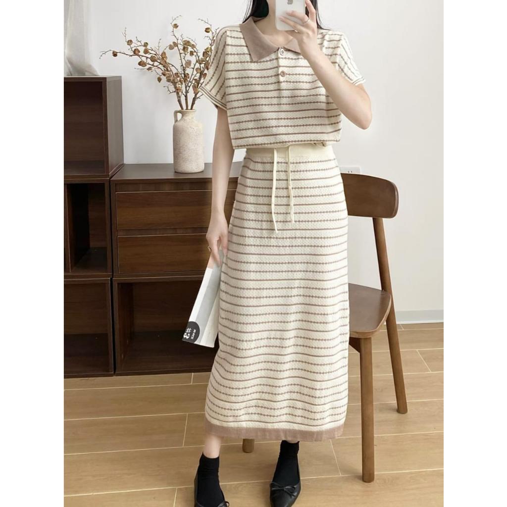 MDLV ~ MS6D480 Polo Stripe ถัก | ชุดถัก 2 ชิ้น (ด้านบน + กระโปรง)