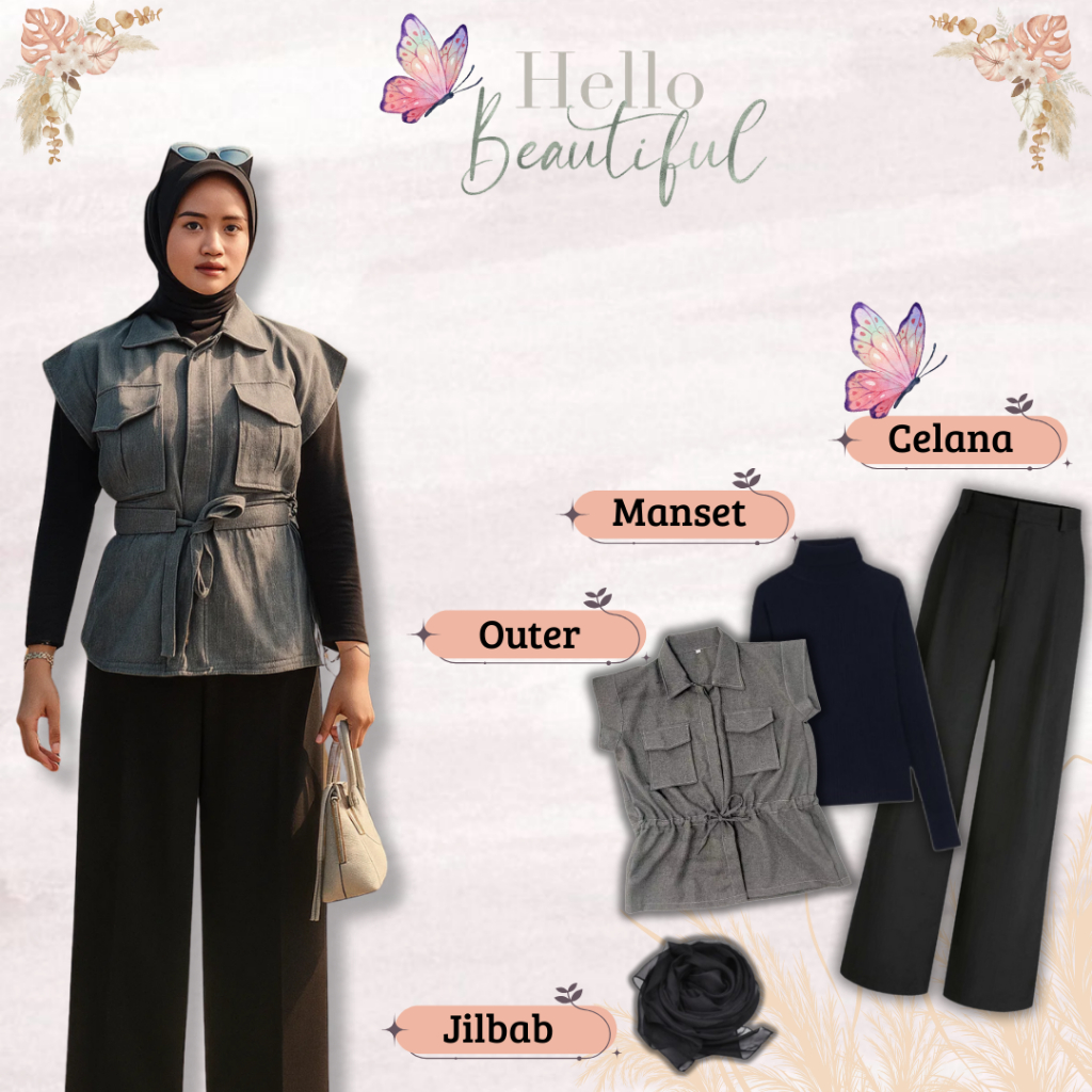 ชุดเดียวสําหรับผู้หญิง (Ghea Top Outer, กางเกง Jennie, ข้อมือด้านใน, Bella Hijab) Daily Outfit-WS55