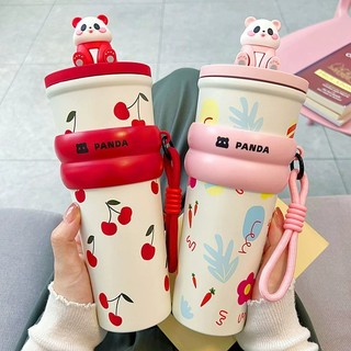 Mug Tumbler Stainless Steel SUS 304 Motif Panda Lucu 700ml Free Gantungan + Boneka Panda M 2113