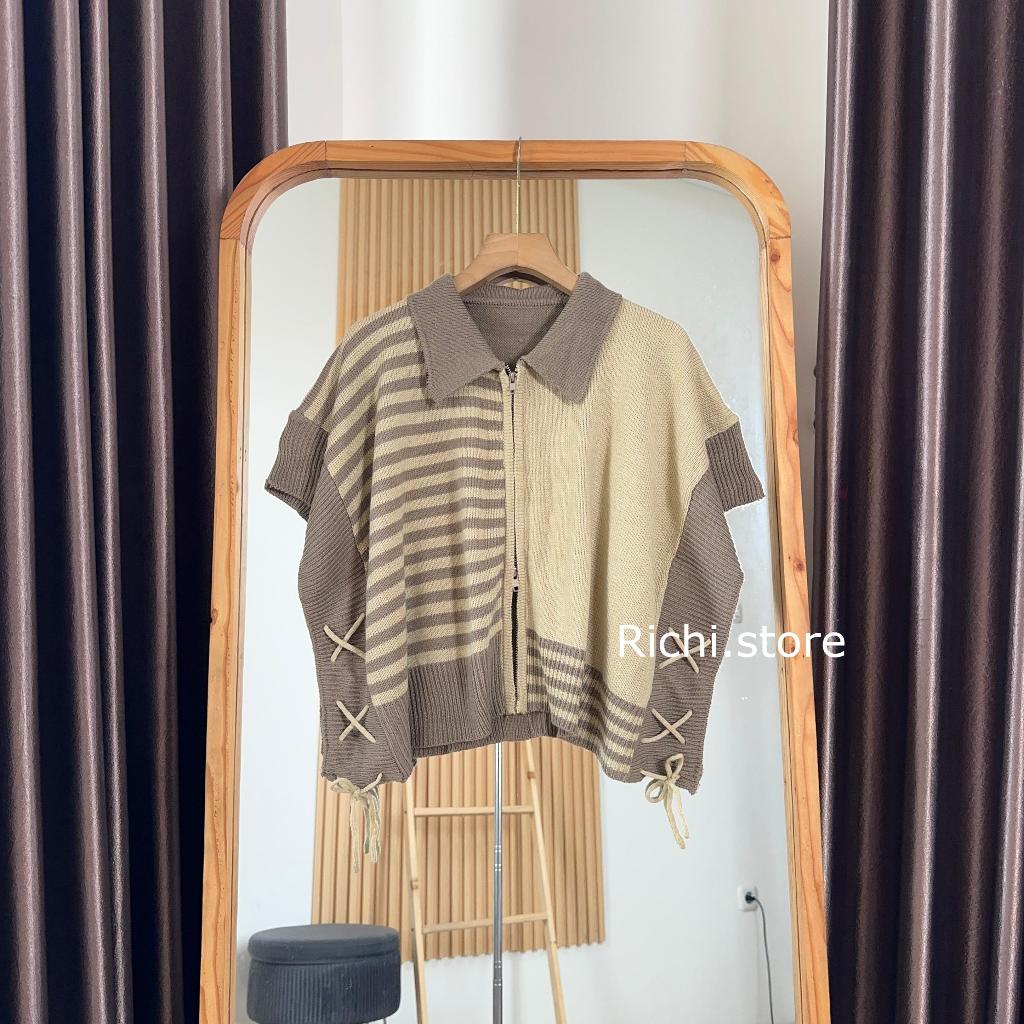 Tinesha Vest Crop Zipper เสื้อถักผู้หญิงเสื้อกั๊กคอปกลาย