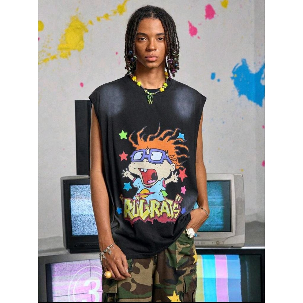 ROMWE MEN Nick 90s X ROMWE เสื้อกล้ามผู้ชายมัดย้อมและลายการ์ตูนเหมาะสําหรับสวมใส่ทุกวัน