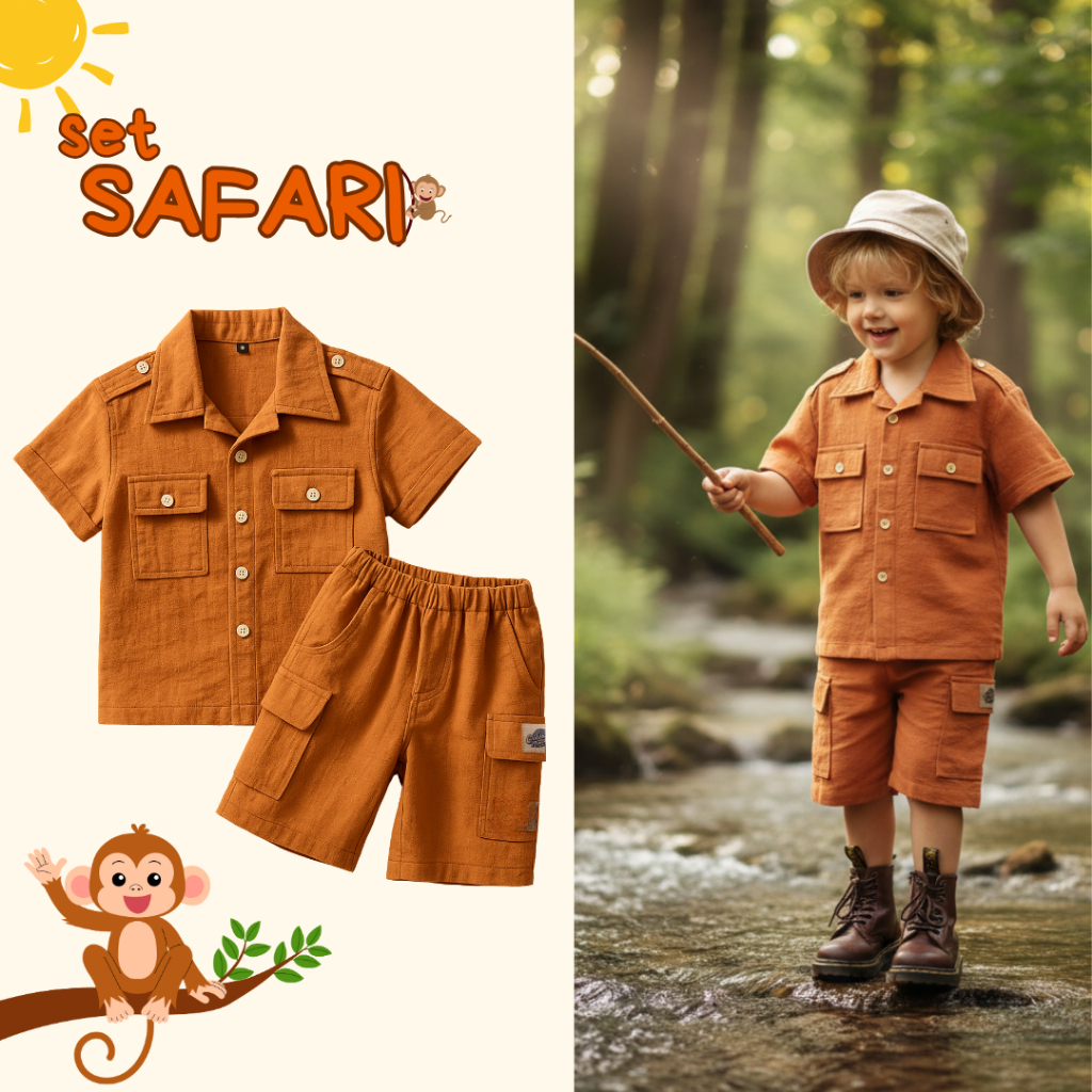 Unisex Kids Safari Set Casual Outdoor Adventure Shirt and Shorts สําหรับอายุ 2-7 ปี