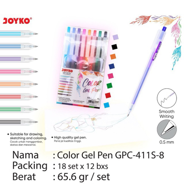 1 ชุด Joyko Gpc-411S-8 Color / 8 Color Gel Pen / 8W Color Pen / Diamond Art Pen GPC 411S 8 / Gpc411S