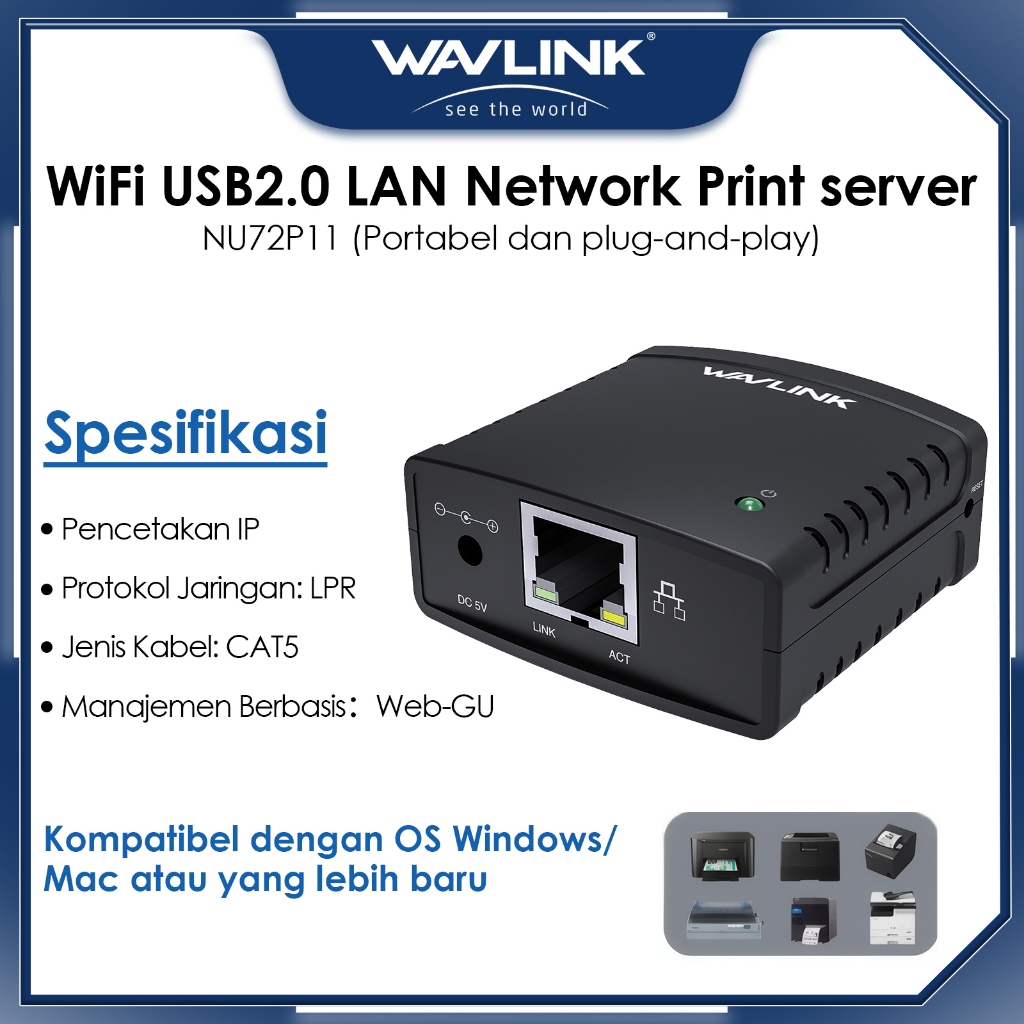 WAVLINK LPR Print Server USB 2.0 Wireless Print Server & USB Printer Server, รองรับเครื่องพิมพ์ USB/