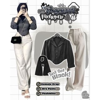 Setelan Hijab Korean Style (Kemeja Crop+Oro Pants+Pashmina Hitam) Look Chic & Modern Kekinian - AR47