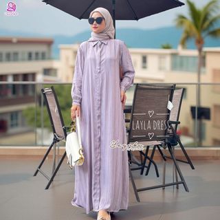 Layla Dress Panjang Garis Wanita Modis Look Simple & Classy Gamis Kemeja Elegan Bahan Adem Premium Muslimah Casual Yayuku by Yayoe Hijab