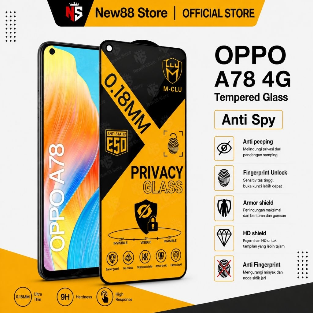 NEW88 - กระจกนิรภัย ESD Anti Spy 0.18 มม.Oppo A78 4G A76 A74 4G A74 5G A73 5G A72 A72 A72 5G A52 A53
