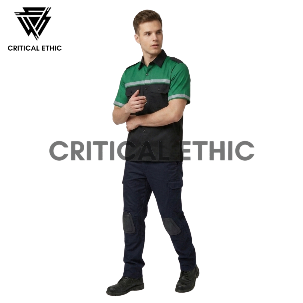 HIJAU KEMEJA GREEN COMBINATION SAFETY SHIRT P3 SHORT SAFETY SHIRT PREMIUM K3 SAFETY SHIRT