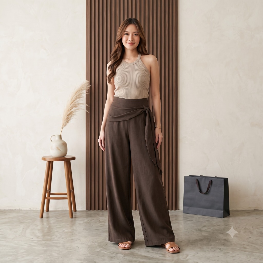 AGHNINI Poshie กางเกงเอวสูง Semiwool พรีเมี่ยมหลวม Fit Culottes กางเกงผู้หญิงทํางานคอลเลกชัน
