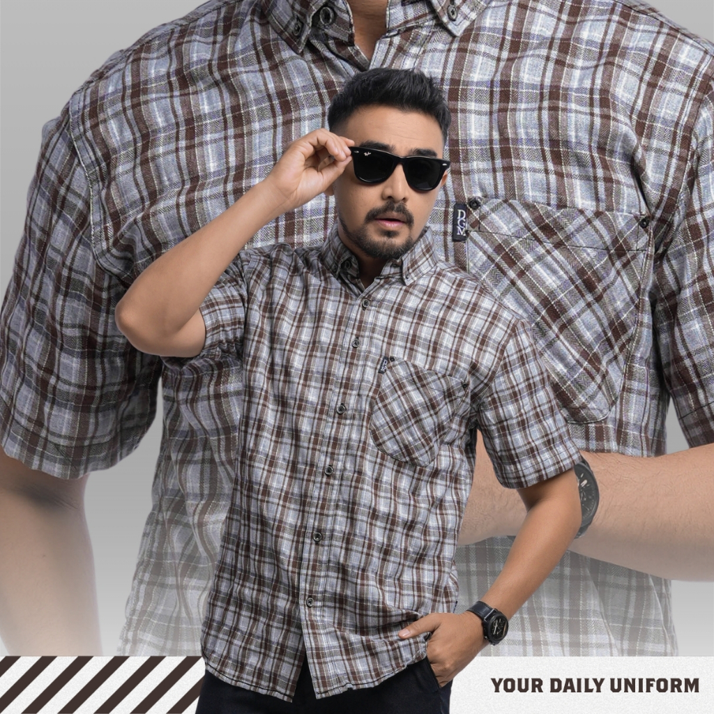KEMEJA DGM Short Shirt Mens Short Flannel Shirt Short Flannel Shirt Mens Flannel Grey Brown Stripes 