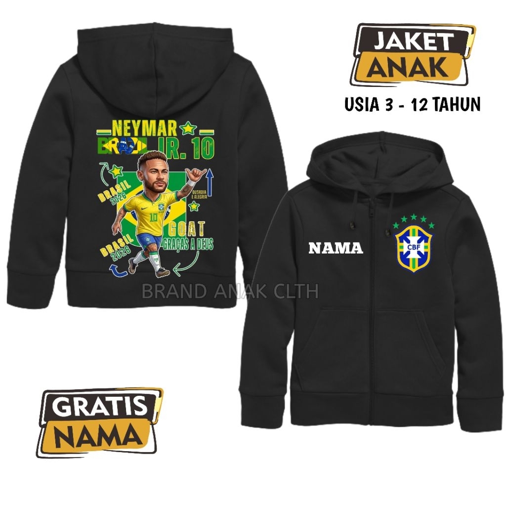 Neymar JR Brazil Kids Hoodie Zipper Jacket - ฟรีชื่อแจ็คเก็ต Neymar JR
