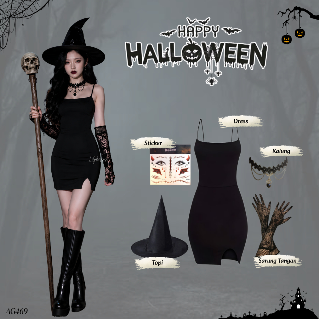 Lilydresses - 5in1 ชุดคอสตูมแม่มด One Set Halloween (เดรส - ถุงมือ - หมวกแม่มด - สร้อยคอ - สติ๊กเกอร