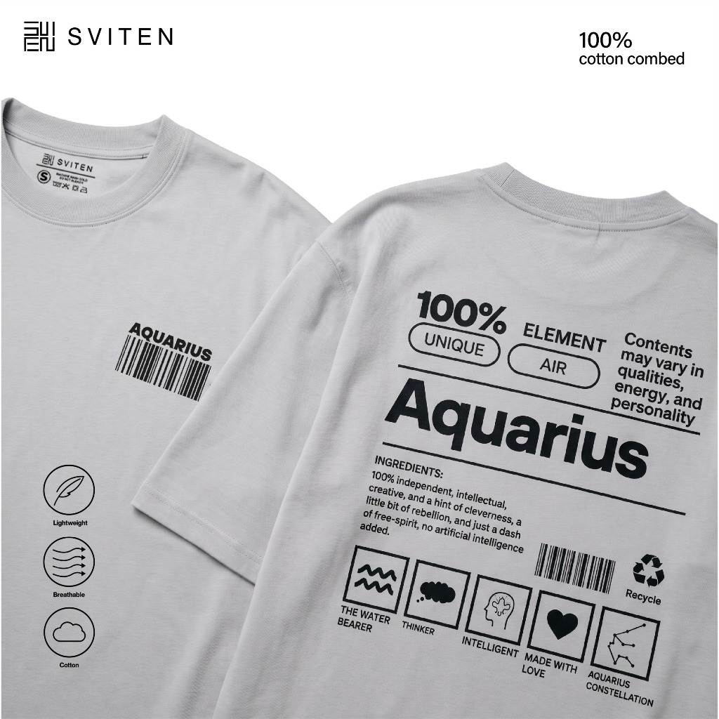 SVITEN Aquarius Oversize T-Shirt 100% Cotton Combed - Jumbo Heavyweight Top OSMO248