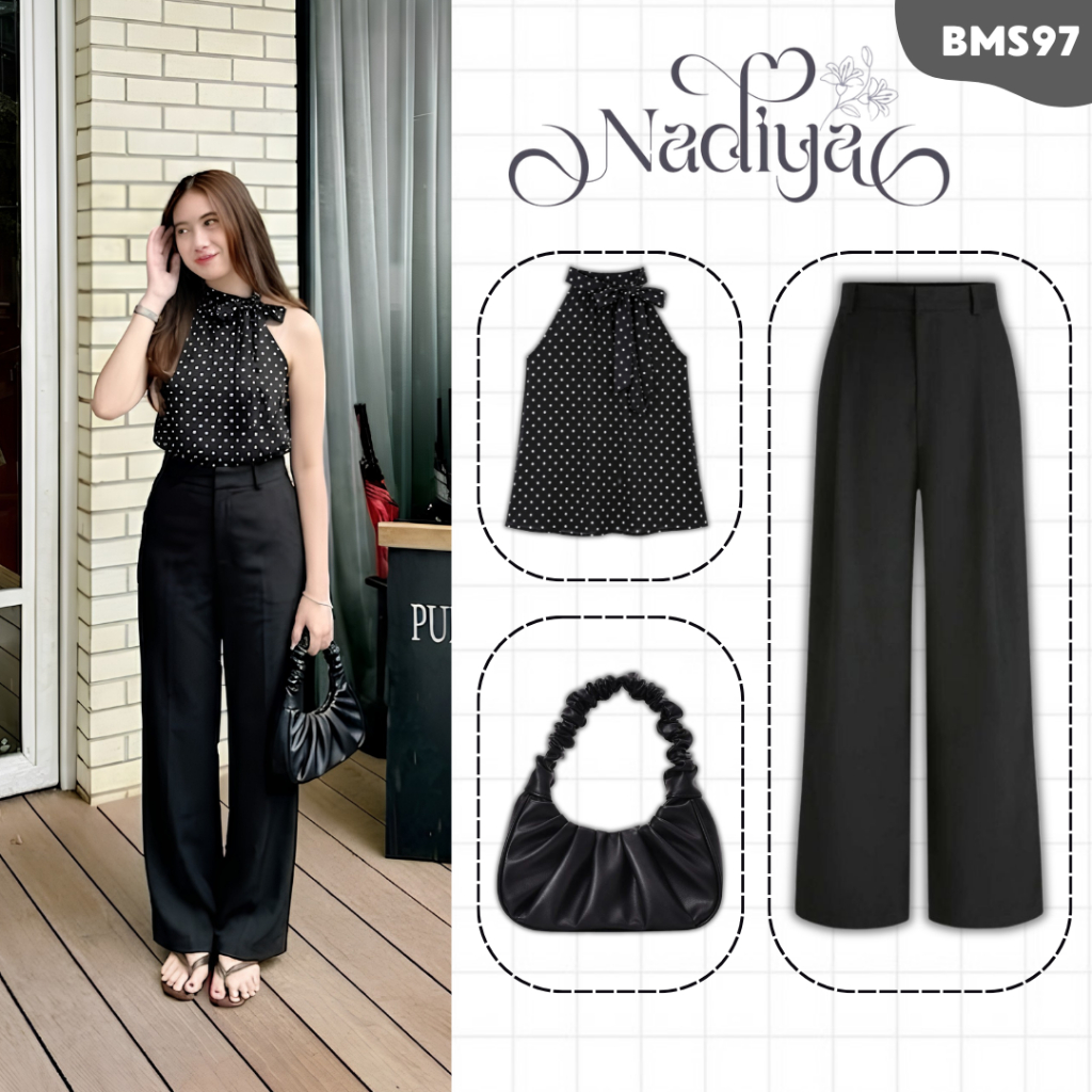 One Set Black Women สไตล์เกาหลี { Dottie Tieneck Top, Jennie Knit Pants, กระเป๋าสะพายย่น} Ngemall Ou