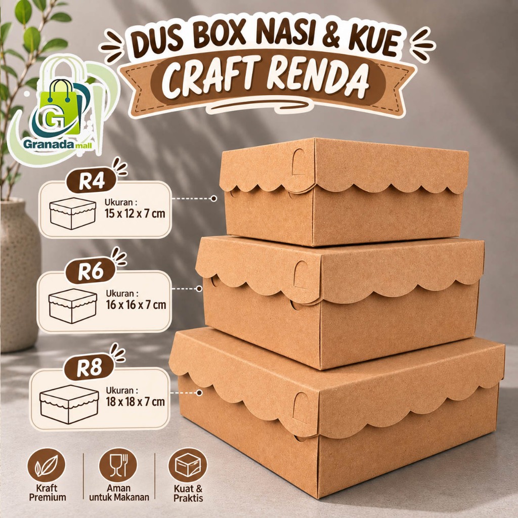 พรีเมี่ยมสีน้ําตาลลูกไม้คราฟท์กล่องขนมกล่องข้าว R4 R6 R8 ขนาด 15x12 16x16 18x18