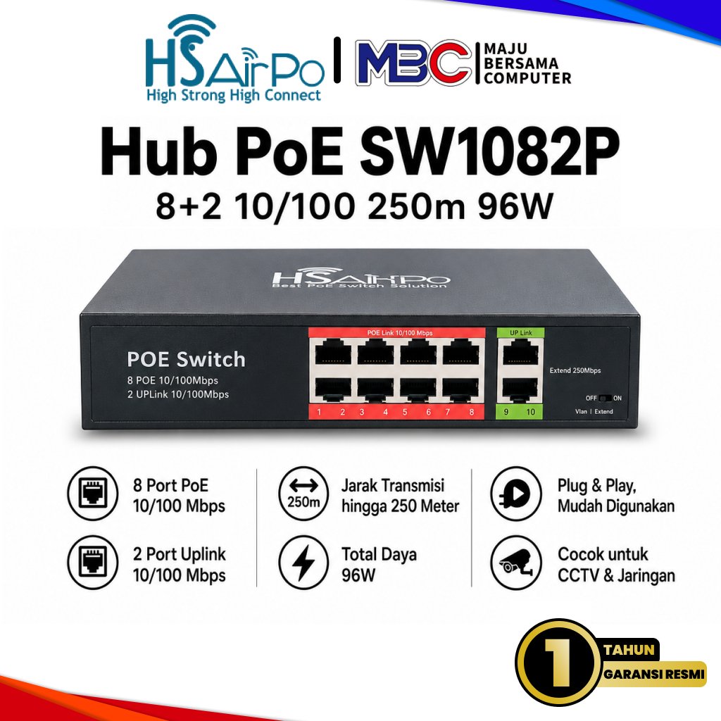 HSAIRPRO SW1082P Hub Switch PoE 8 Port + 2 Uplink 10/100Mbps 250M 96W รับประกัน 1 ปี