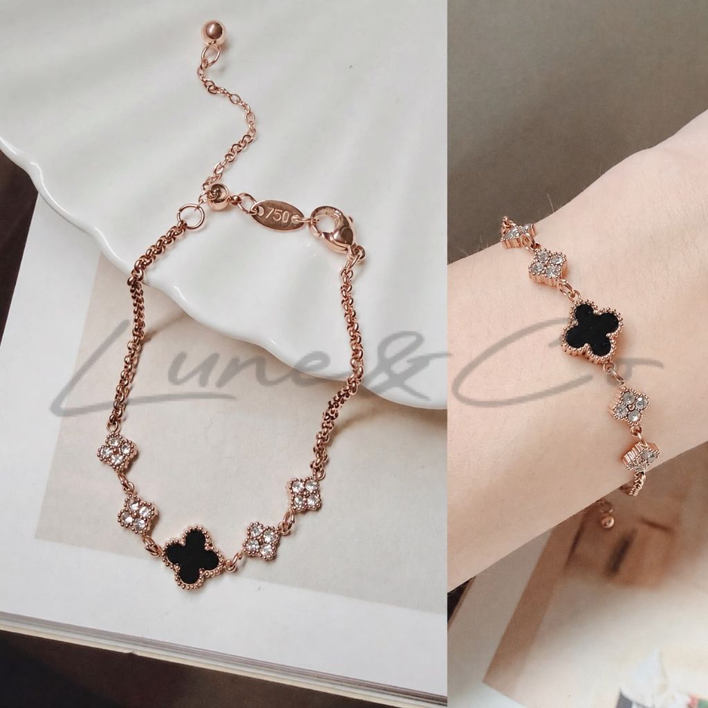 RS401 สร้อยข้อมือโคลเวอร์สีดําเชือกเพทายเหล็กไทเทเนียมสําหรับผู้หญิง 316L