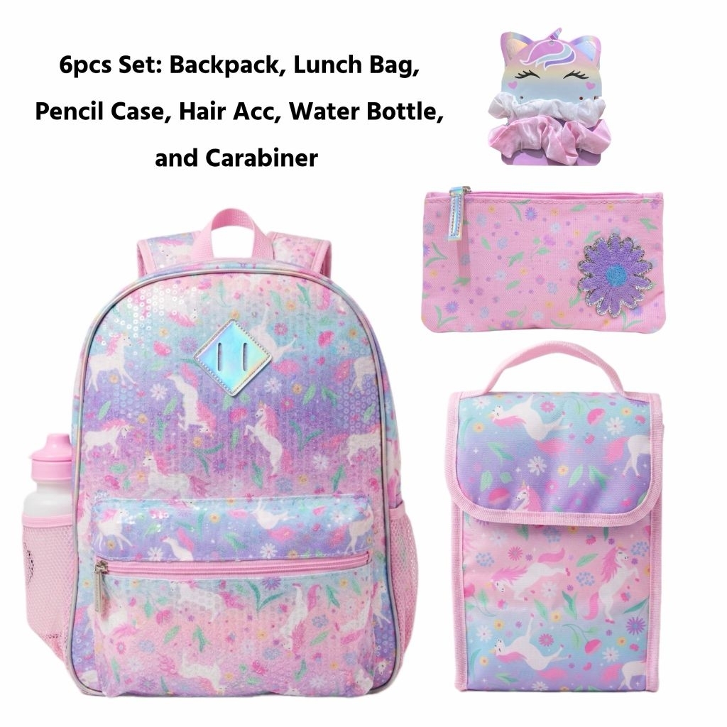 UNGU Rainbow Sugar Unicorn Pony Sequin Borci กระเป๋าเป้สะพายหลังโรงเรียนประถมศึกษาสําหรับสาวถุงอาหาร