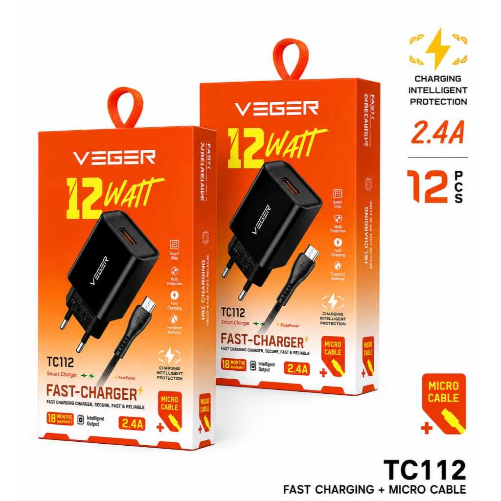 VEGER TC112 MICRO, TYPE C / แท่นชาร์จ VEGER TC112 MICRO, TYPE C 12W 2.4A พร้อมสาย MICRO USB หรือ TYP