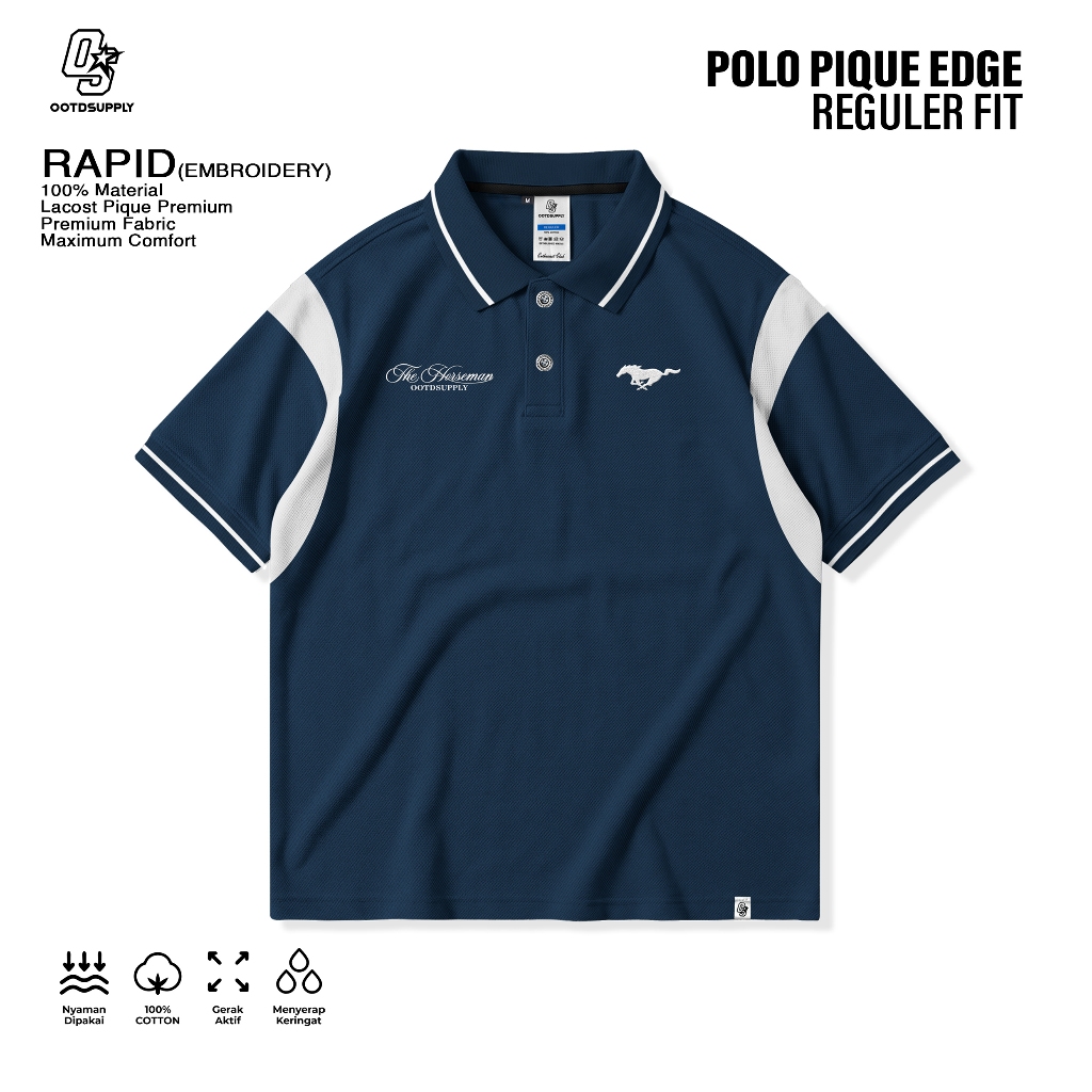 KEMEJA OOTDSUPPLY เสื้อโปโล Pique Edge Rapid เย็บปักถักร้อย Navy l Polo Pique | เสื้อเชิ้ตคอปกโปโล L