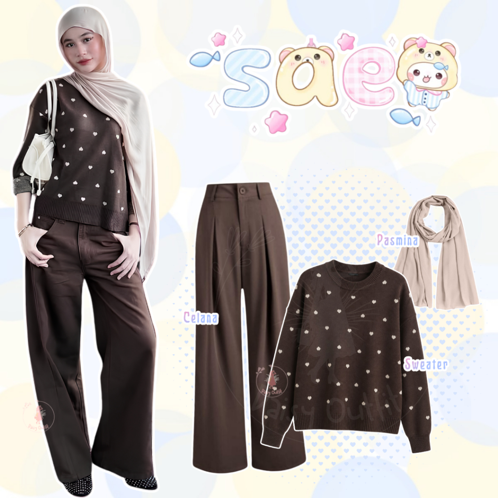 One Set Womens Outfit 3in1 Polka Dot Sweater / Acrylic Polkalove Sweater + Jennie Knit Choco + Pashm
