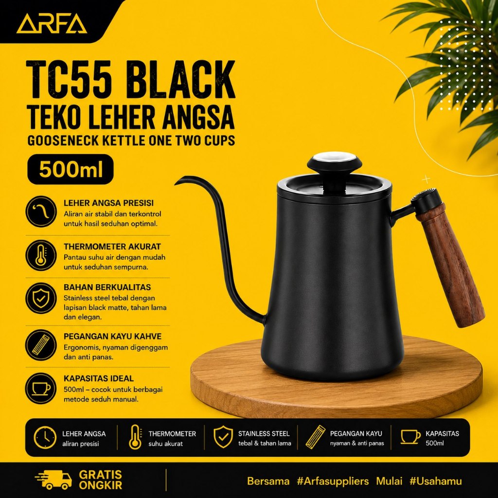 TC55 K55 Black 500ml Gooseneck Kettle One Two Cups - ไม่มีเครื่องวัดอุณหภูมิ