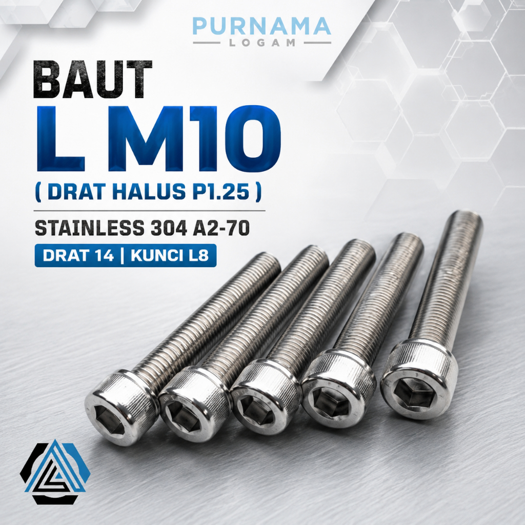 Bolt L M10 x 70 (7 ซม.) (FINE THREAD P1.25) กุญแจสแตนเลส 304 A2-70/ เกลียว 14/ L8