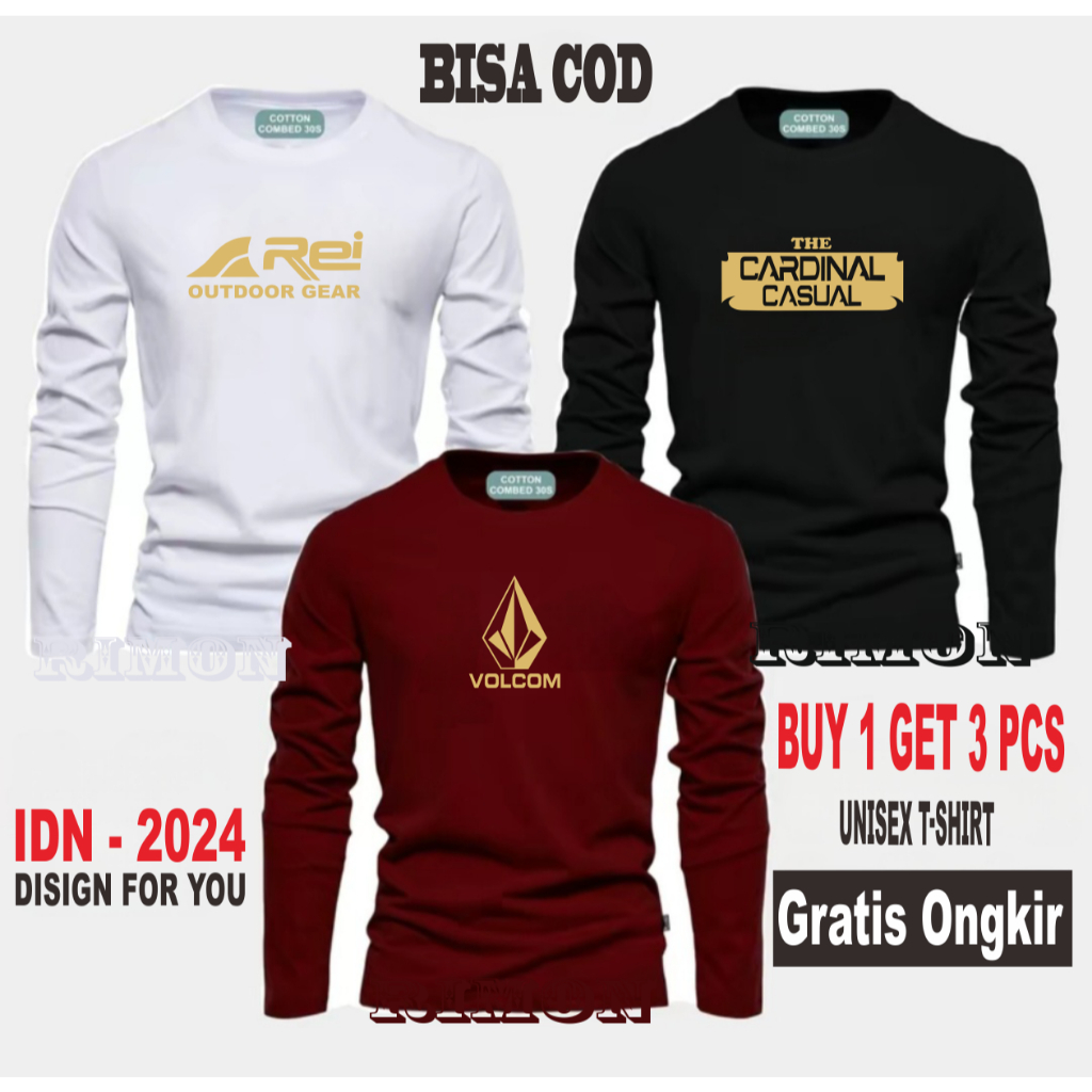 ซื้อ 1 แถม 3 ชิ้น Premium Long Sleeve Distro T-SHIRT Volkom Logo Rei The Card Casual PJ พิมพ์ Gold T