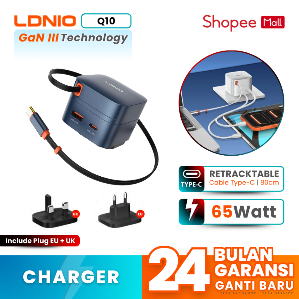 LDNIO Travel Charger Q10 Super Fast Charging 65W GaN III Retractable Cable Type-C Universal Plug EU/