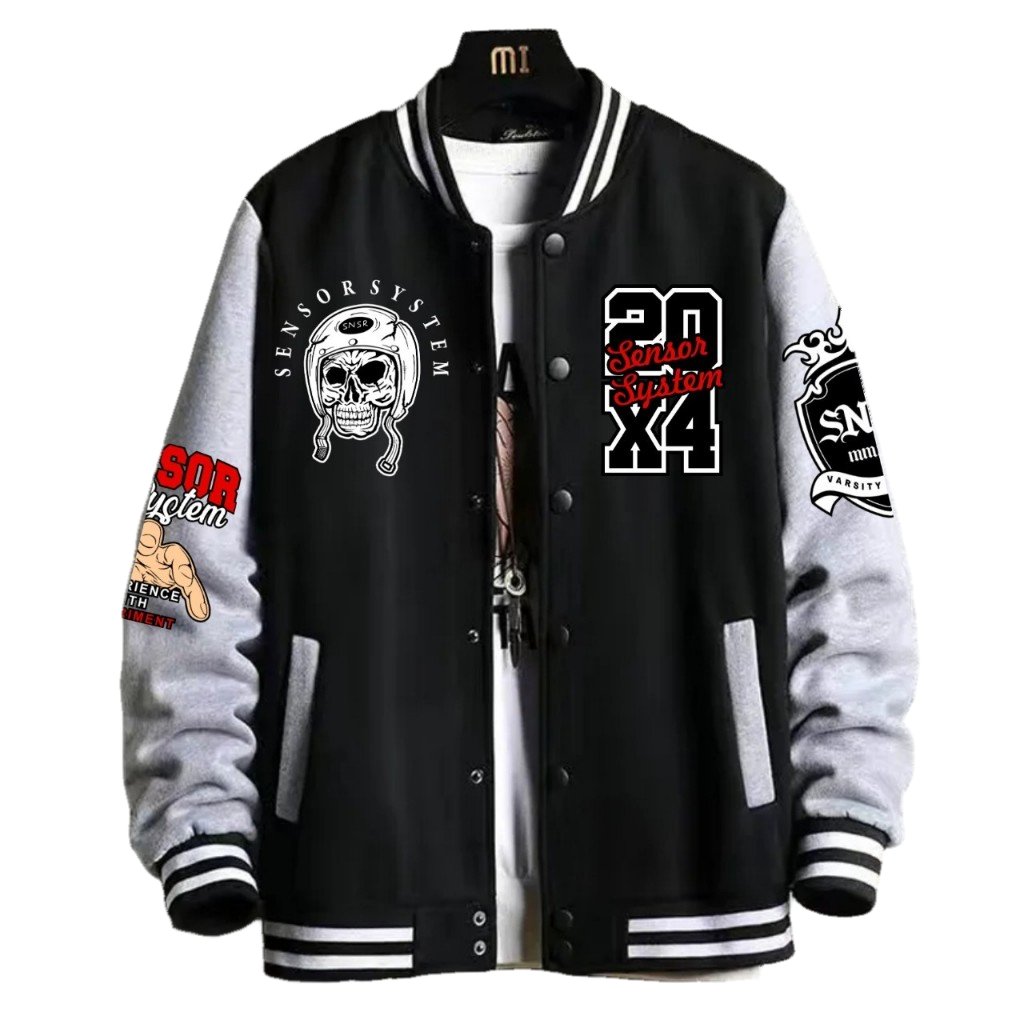SKULL Mat Fleece Cotton Varsity Jacket - เสื้อแจ็คเก็ต Varsity ปักลายผู้ชาย - เสื้อแจ็คเก็ตบอมเบอร์ผ