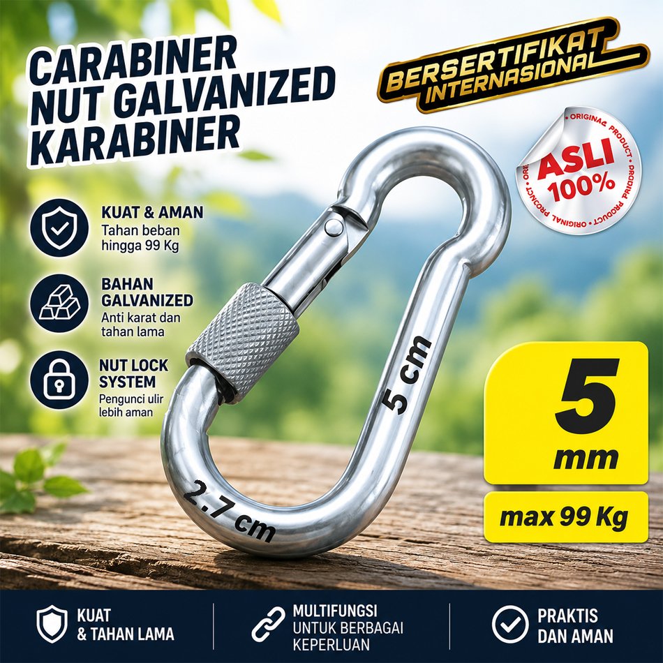 GANTUNGAN 5 มม.ชุบสังกะสี Carabiner Hook Hanger มัลติฟังก์ชั่น Strong Max 99Kg เครื่องมือกลางแจ้ง