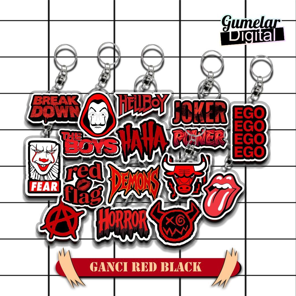 RED BLACK ใหม่ล่าสุดพวงกุญแจ VIRAL RED BLACK KEYCHAIN EGO RED FLAG HORROR ROLLING STONE HAHA HELLBOY