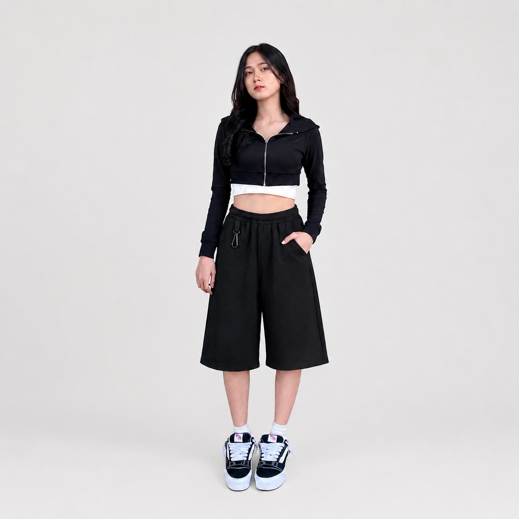 Overnite - Jorts Baggy Womens SKATER กางเกงขาสั้นสีดํา Jorts Fleece 280GSM สีดํา