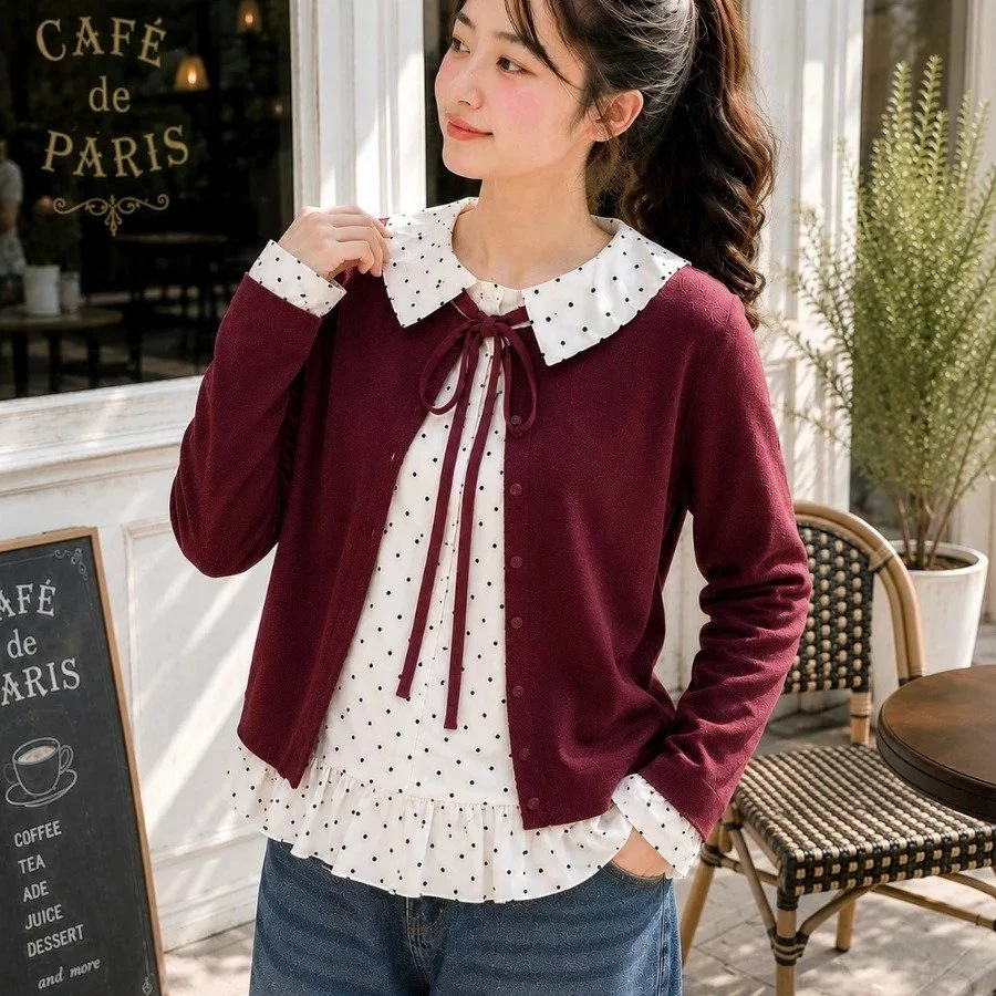 KIELO FASHION - ZER WOMENS BLOUSE LIORA COMBI POLKADOT MOTIF สไตล์เกาหลี LONG SLEEVE CUTE DAFIT / TO