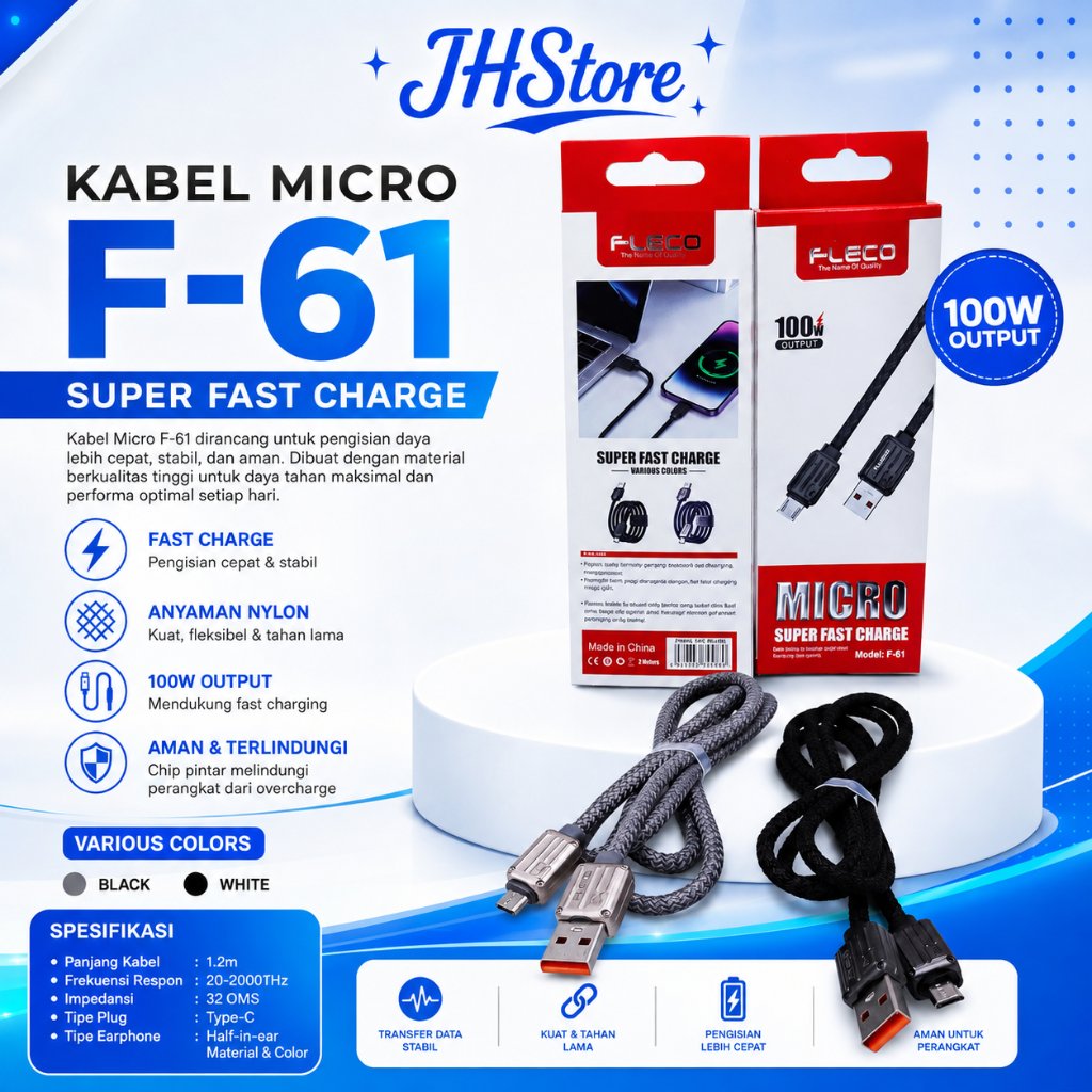 สายเคเบิลข้อมูลเร็วสุด ORIGINAL FLECO F-61 100W USB เป็น MICRO / Type-C