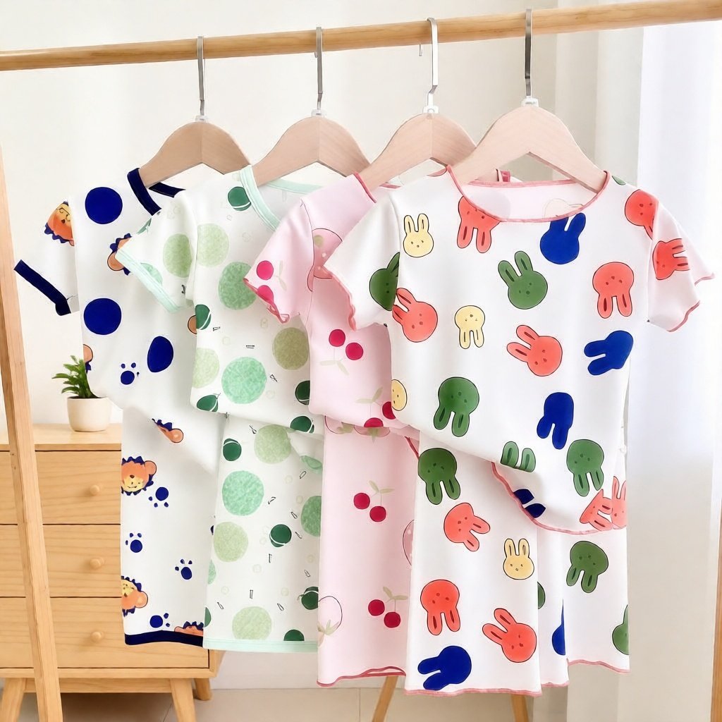 Pinpin Kids - ชุดชุดนอนเด็กสําหรับเด็กผู้หญิงแขนสั้นและลายน่ารัก