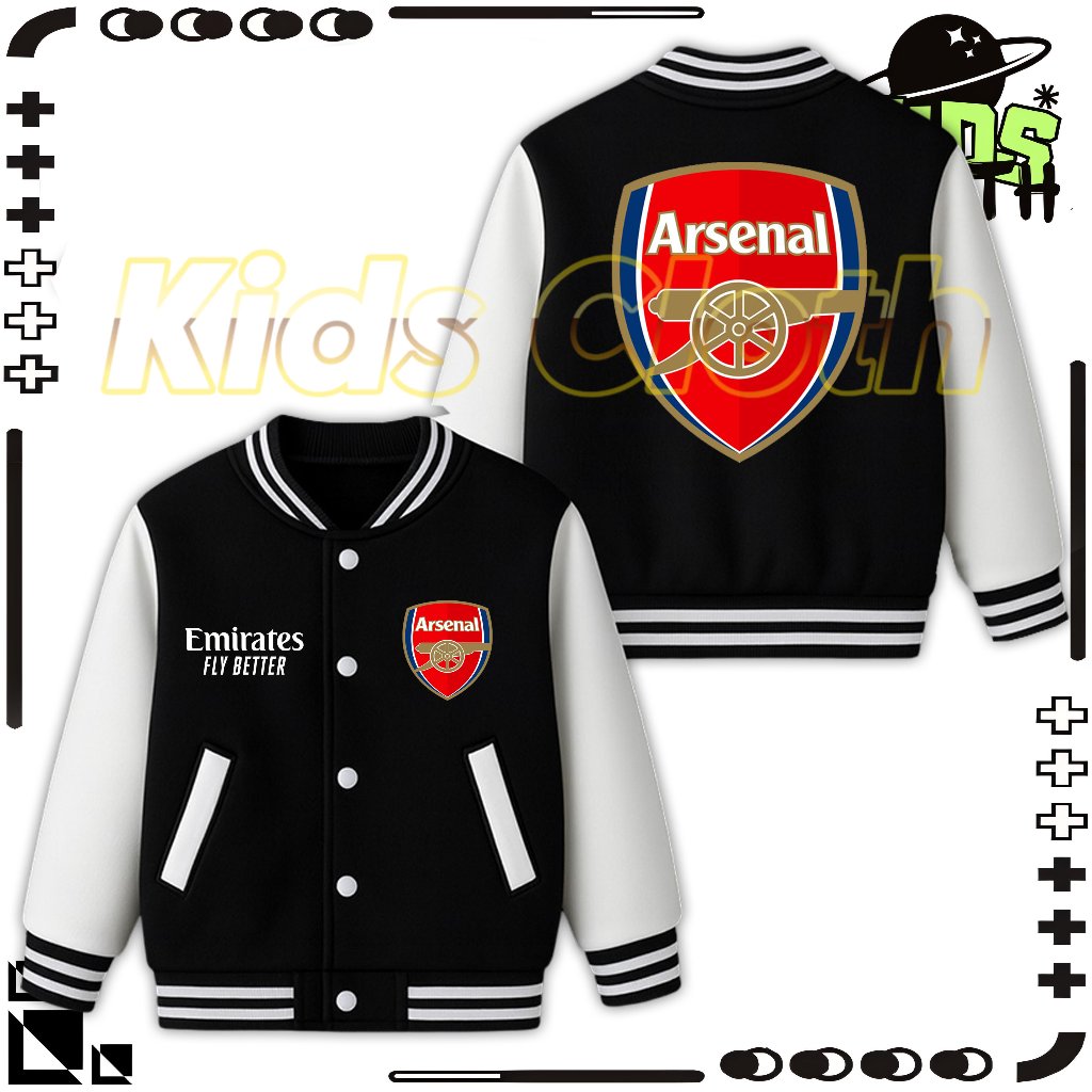 ARSENAL CLUB LOGO VARSITY JACKET สําหรับเด็กผู้ชายและเด็กผู้หญิง ARSENAL CLUB KIDS BASEBALL JACKET ส