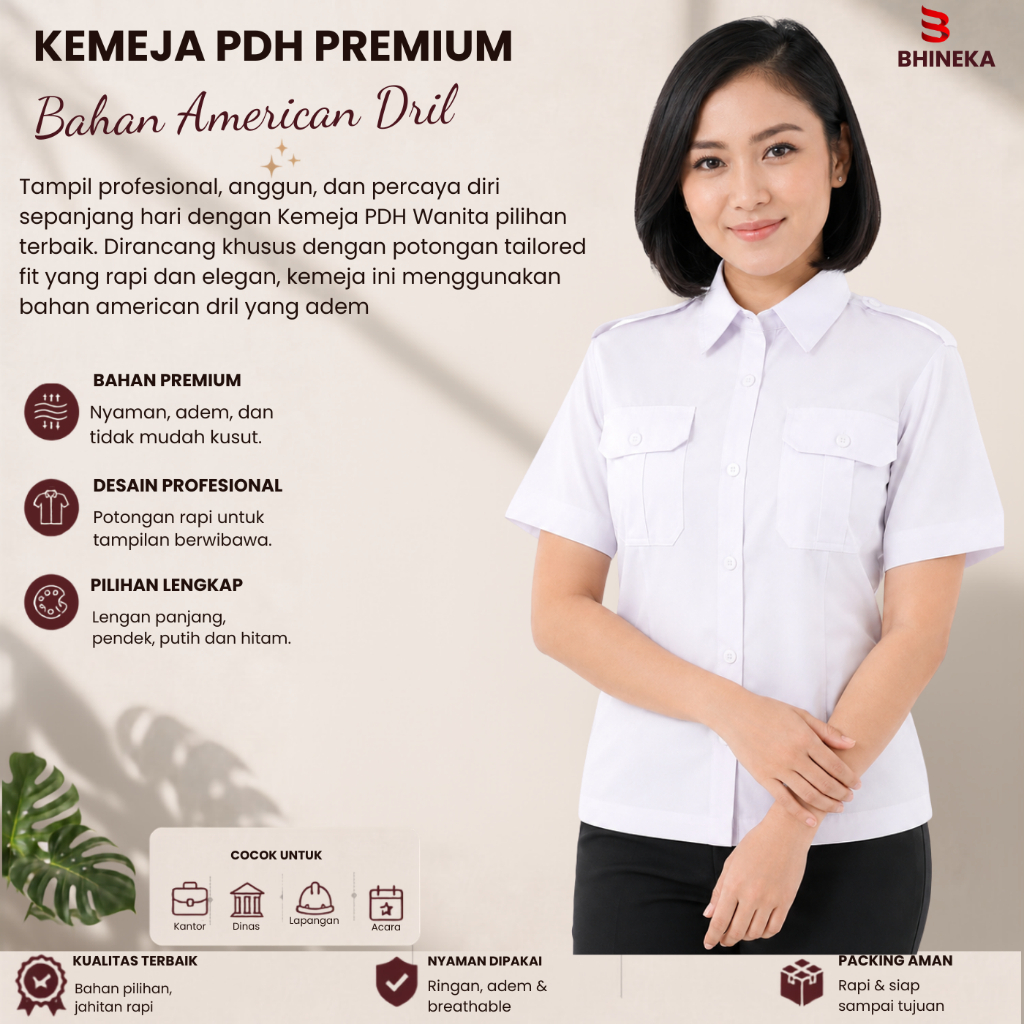 KAMEJA เสื้อเชิ้ตผู้หญิงสีขาว Pdh คอปกคอวีและเสื้อเบลเซอร์แขนสั้นทําจากวัสดุเจาะหนาและสวมใส่สบาย