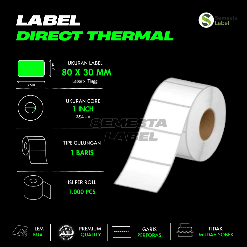 DT 80x30- 1" @1,000 - 1Line CORE 1 INCH 80X30MM 80 X 30 MM 8x3 CM BARCODE LABEL THERMAL STICKER DT ส