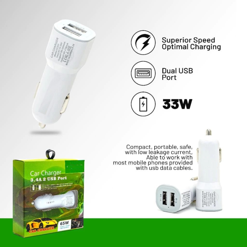 Saver Car Charger 2.4A 2usb Opoo / mi dual port Car Charger 65W