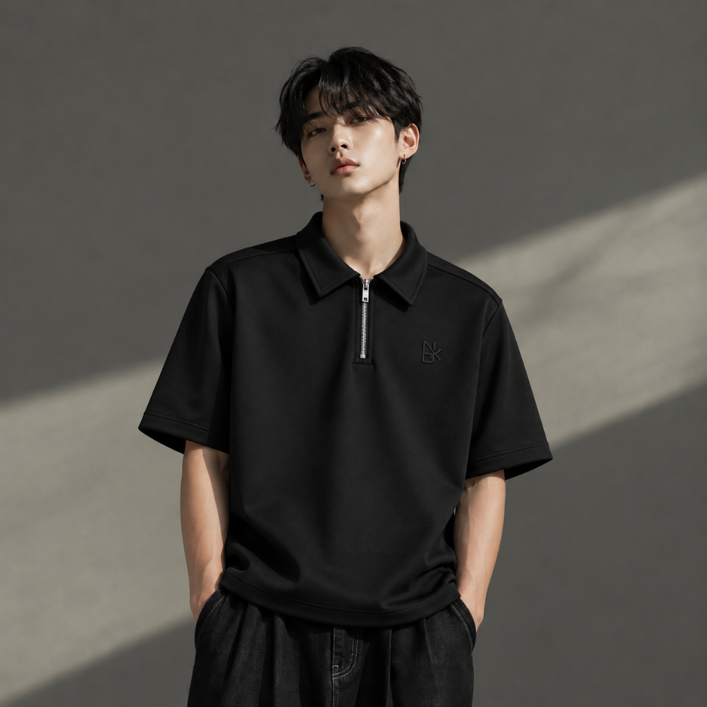 Nxdomain Polo Scuba Mens Polo Scuba Shirt สีเทาเข้มสีดําซิปคอปก Casual Look
