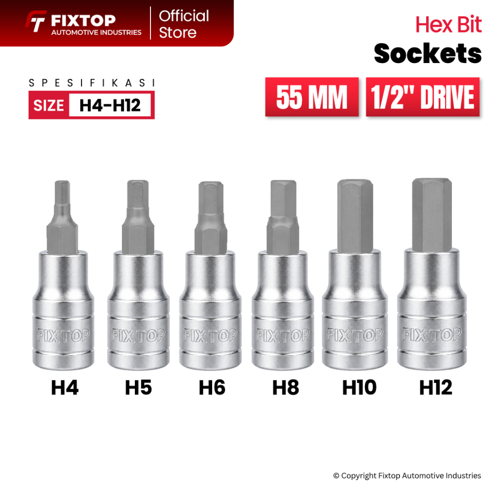 MATA FIXTOP CR-V เหล็ก Hex Bit H4 H5 H6 H8 H10 H12 ซ็อกเก็ต 1/2 นิ้ว x 55 มม. กันลื่น