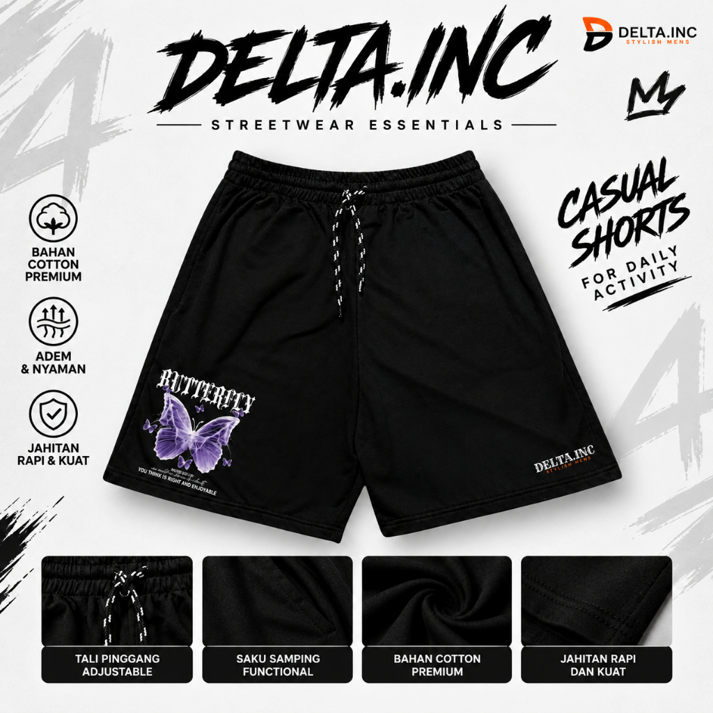 DELTA.INC กางเกงขาสั้นลําลองผู้ชาย กางเกงขาสั้นผ้าฟลีซลายผีเสื้อสีดํา